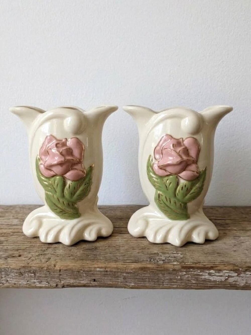 Vintage Pair of Royal Copley Porcelain Vases Pink Rose Gold Trim Set of 2 MCM